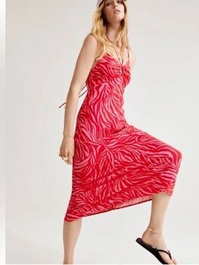 H&M Red/Pink Zebra-Print Midi Slip Dress